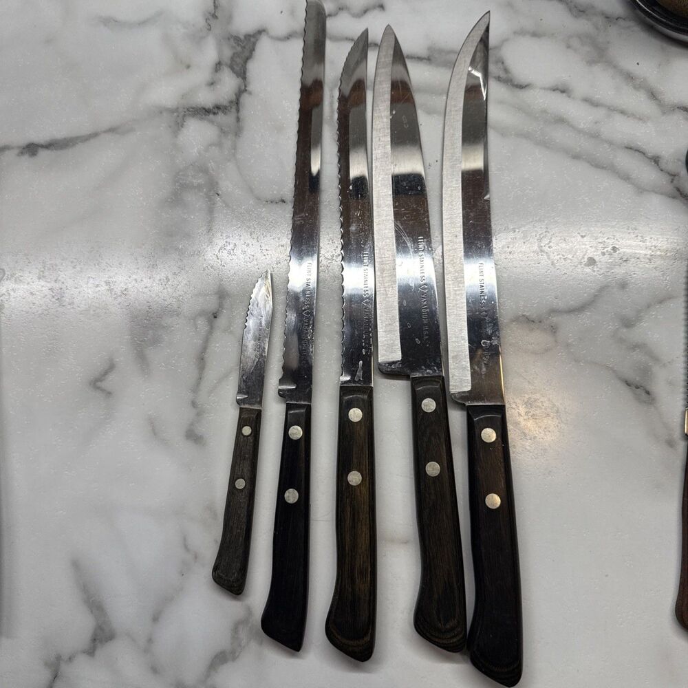 Vintage Flint Stainless Vanadium Knives Set of 5 Made In USA Wood Handles
